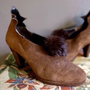 Giraudon Brown Suede Heels with Mink Balls